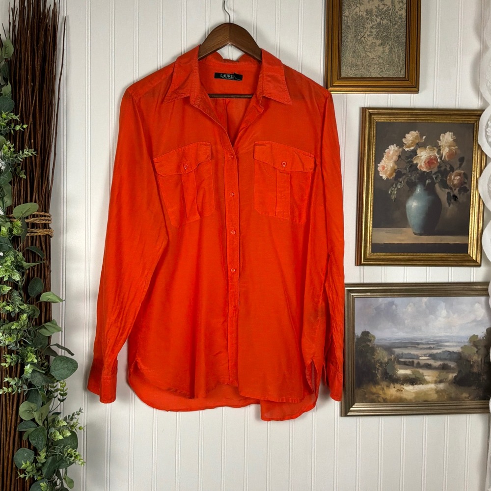 Lauren Ralph Lauren Button Down Women XL Orange Silk Blend Utility Shirt